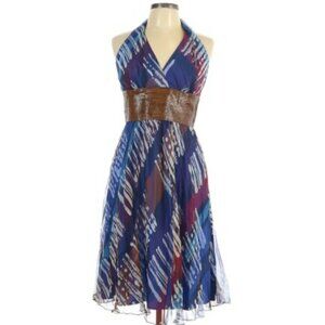 Carmen Marc Valvo Halter Blue Sequin Belted Backless Dress
